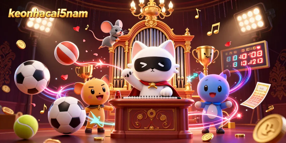 Bet on keonhacai5nam as the 3D cat organist charms in a dynamic casino with sports elements flying.