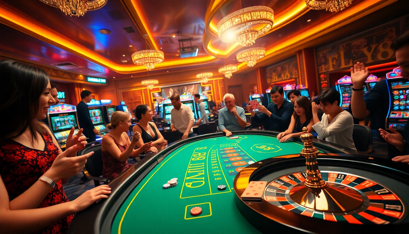 Experience the thrill of winning at the FLY88 poker table with lively players and vibrant chips.