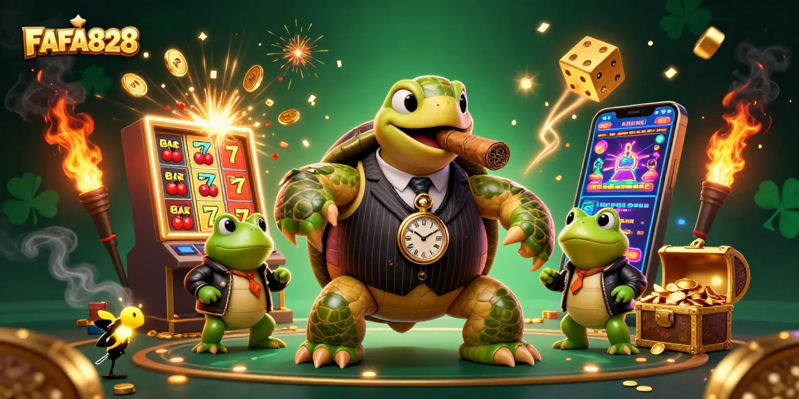 Experience FAFA828 excitement with a vibrant 3D casino scene featuring a turtle mobster and jackpot winnings.