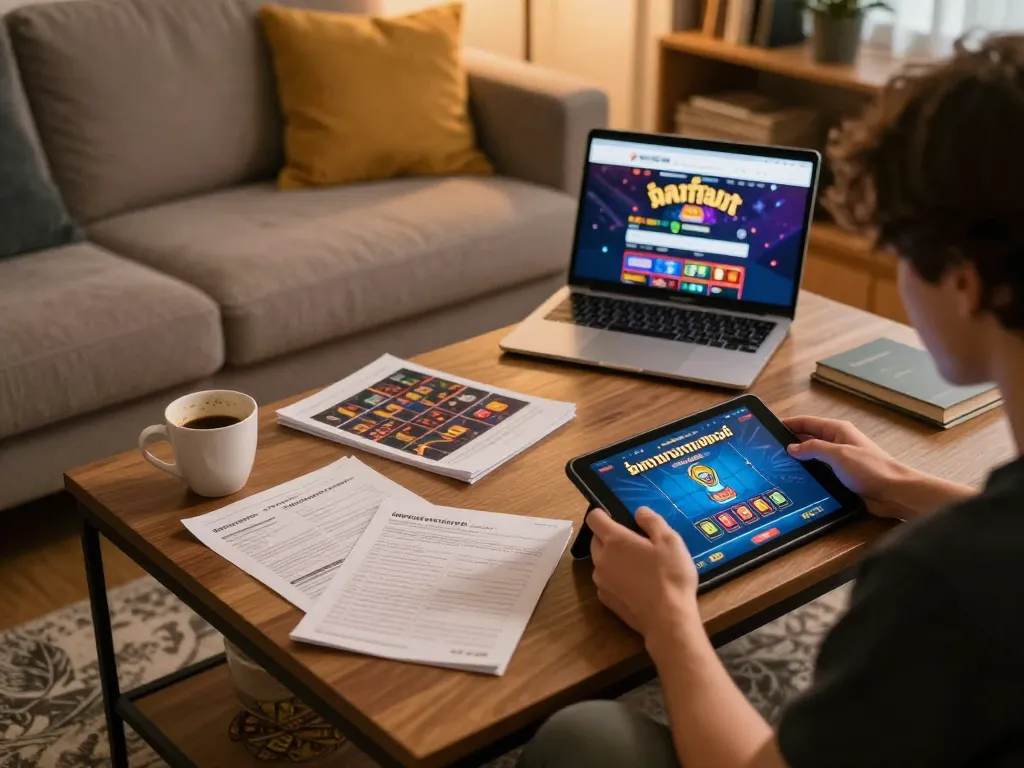Engaging in ทดลองเล่นสล็อต on a tablet in a cozy home setup with gaming strategy notes and warm lighting.