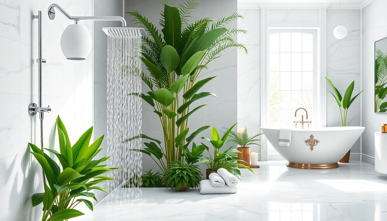 Experience elegant showers Australia in a luxurious bathroom with a rain showerhead and botanical touches.