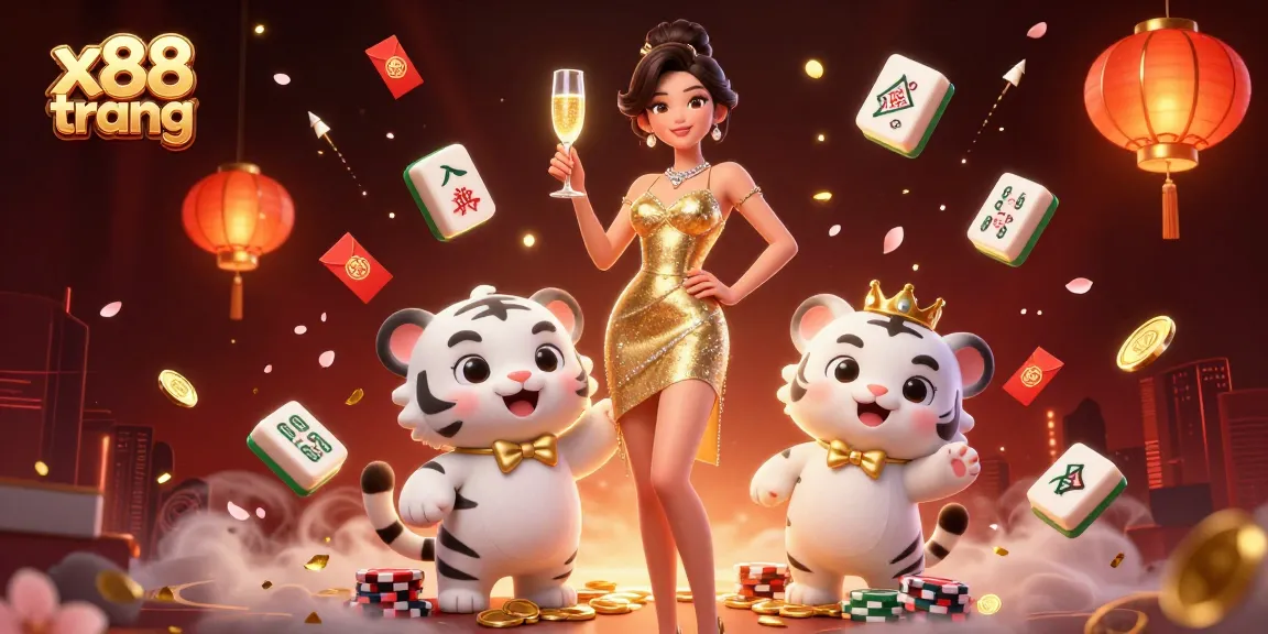Win big at x88 trang with a glamorous gaming scene featuring a woman and a lucky tiger cub amidst vibrant casino elements.