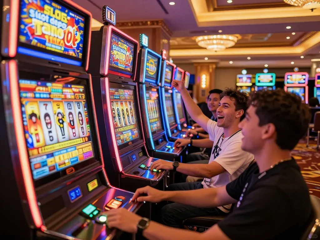 Players enjoying the excitement of slot depo 10k at a vibrant casino, spinning reels on colorful machines.