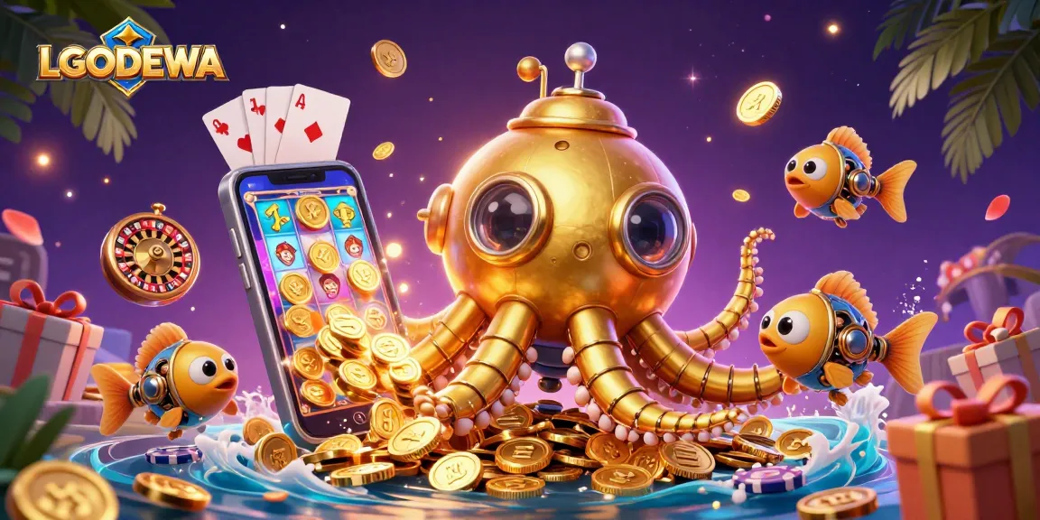 Experience the winning thrill at LGODEWA with colorful slot games and golden coins capturing excitement.