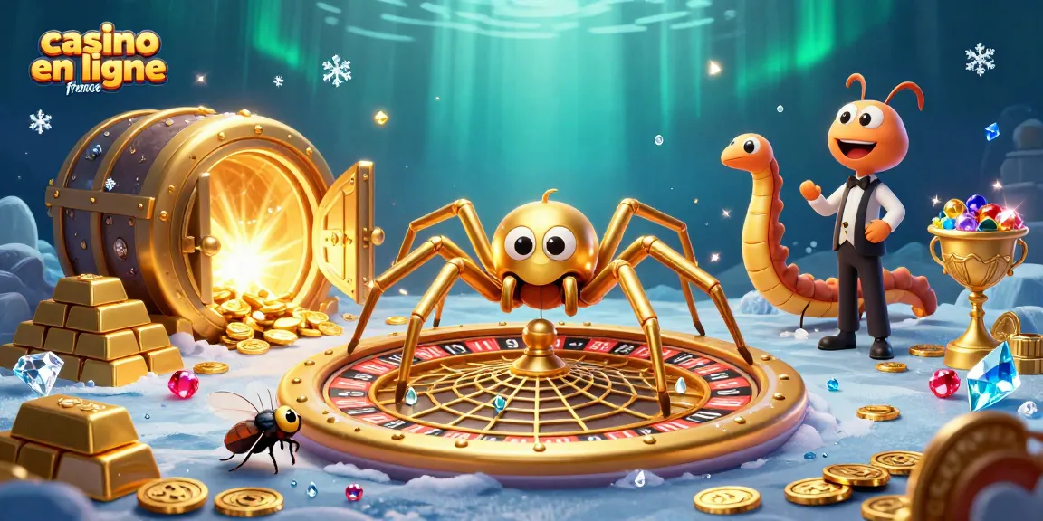 Jouer sur un casino en ligne France avec une araignée dorée, un croupier mille-pattes et des récompenses scintillantes autour.