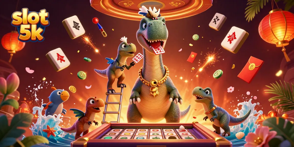Experience thrilling slot 5k action with towering dinosaur and vibrant casino elements.
