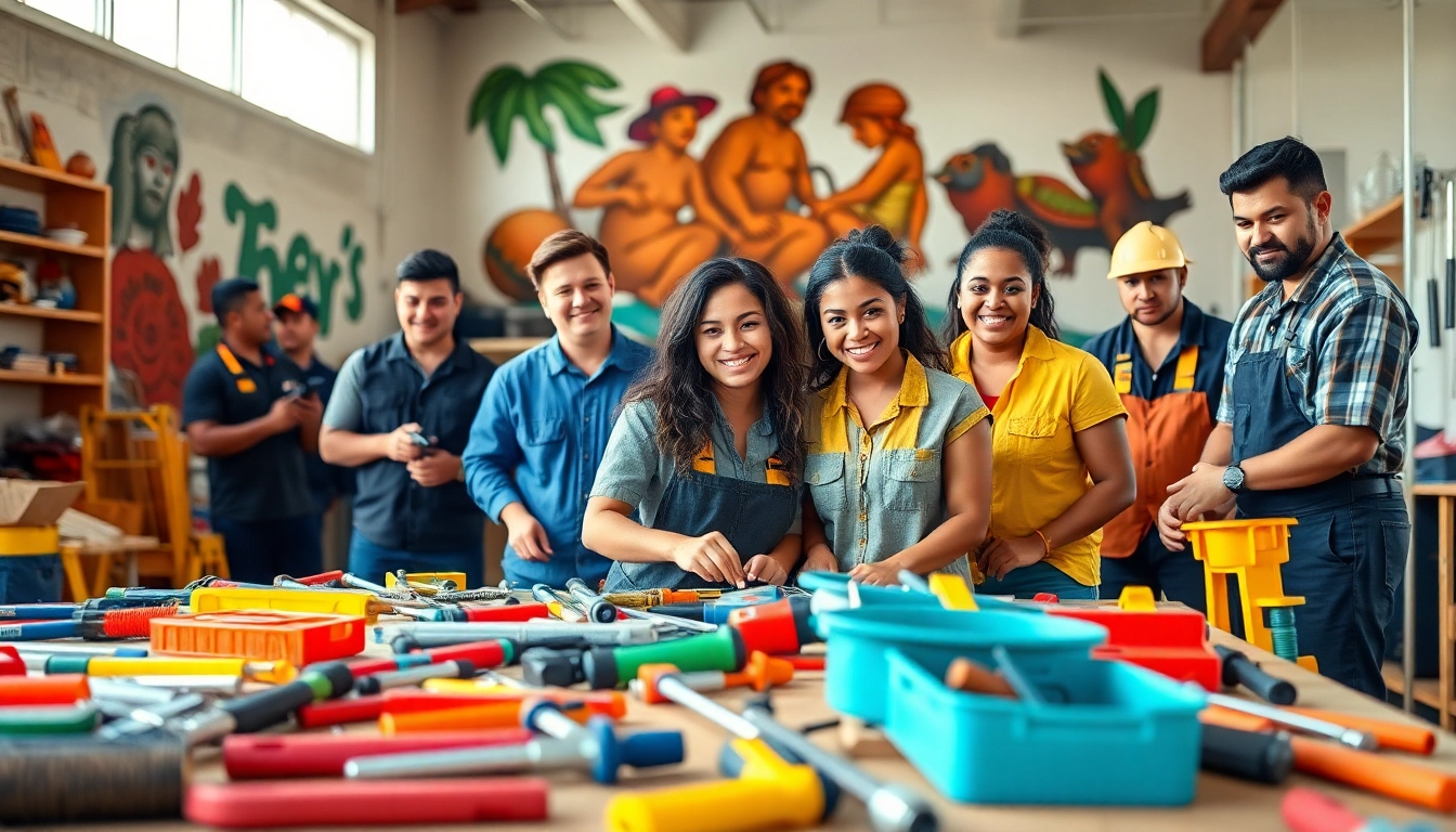 Students learning practical skills at hawaii trade schools with diverse tools in a vibrant workshop.