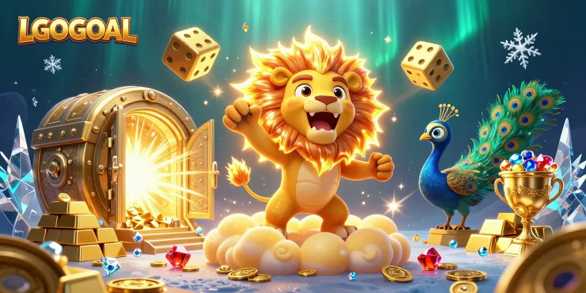 Engage with LGOGOAL's vibrant gaming scene featuring roaring lion and golden treasures.