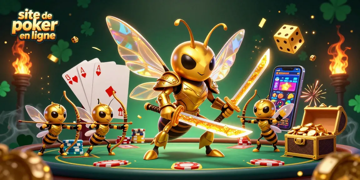 Venez découvrir le site de poker en ligne avec des personnages captivants et un décor festif rempli de jetons et de lumières.