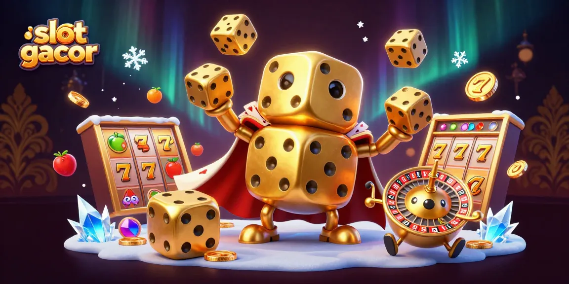 Engage with slot gacor featuring a golden dice golem juggling dice amidst a vibrant casino scene.