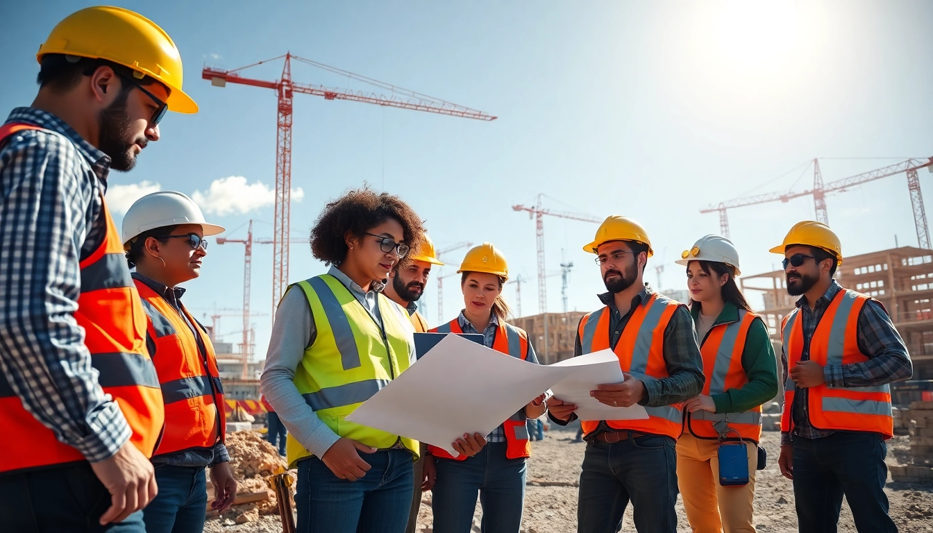 Construction workforce development illustrated with diverse teams collaborating on-site.