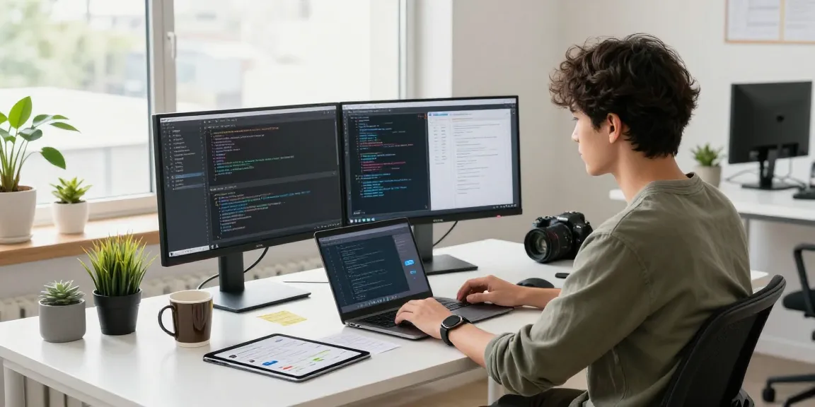 Developer coding Telegram中文版下载 software in a bright workspace.