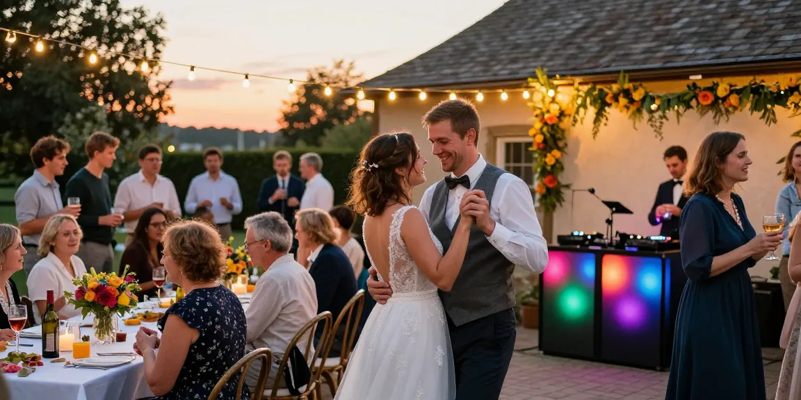 Hochzeit DJ Brandenburg mit tanzendem Paar unter Lichtern und festlicher Dekoration.