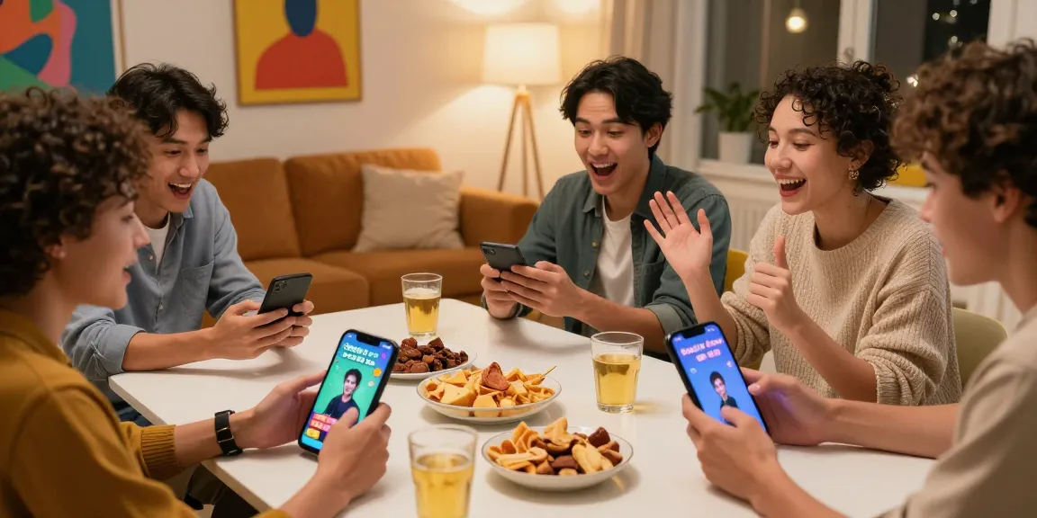A lively group of friends engaging in a "Smash or Pass AI" game with mobile devices, showcasing excitement and camaraderie.