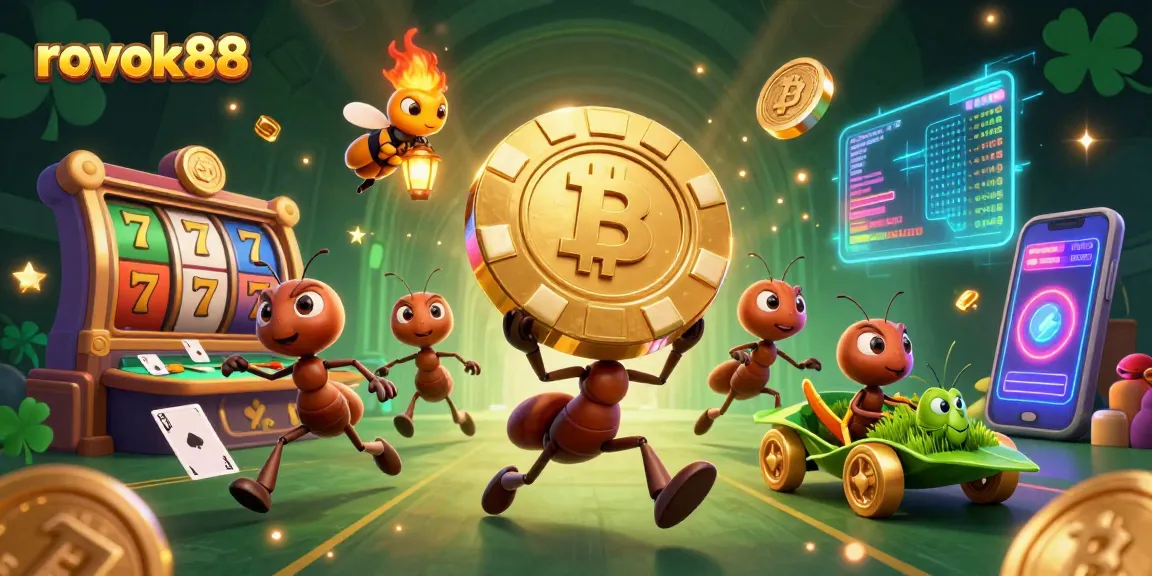 Catch vibrant rokok88 action with ants heisting a giant poker chip in a dynamic casino tunnel scene.