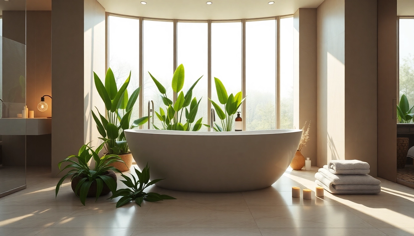 Vasca da bagno moderna in un bagno luminoso e raffinato con piante verdi.