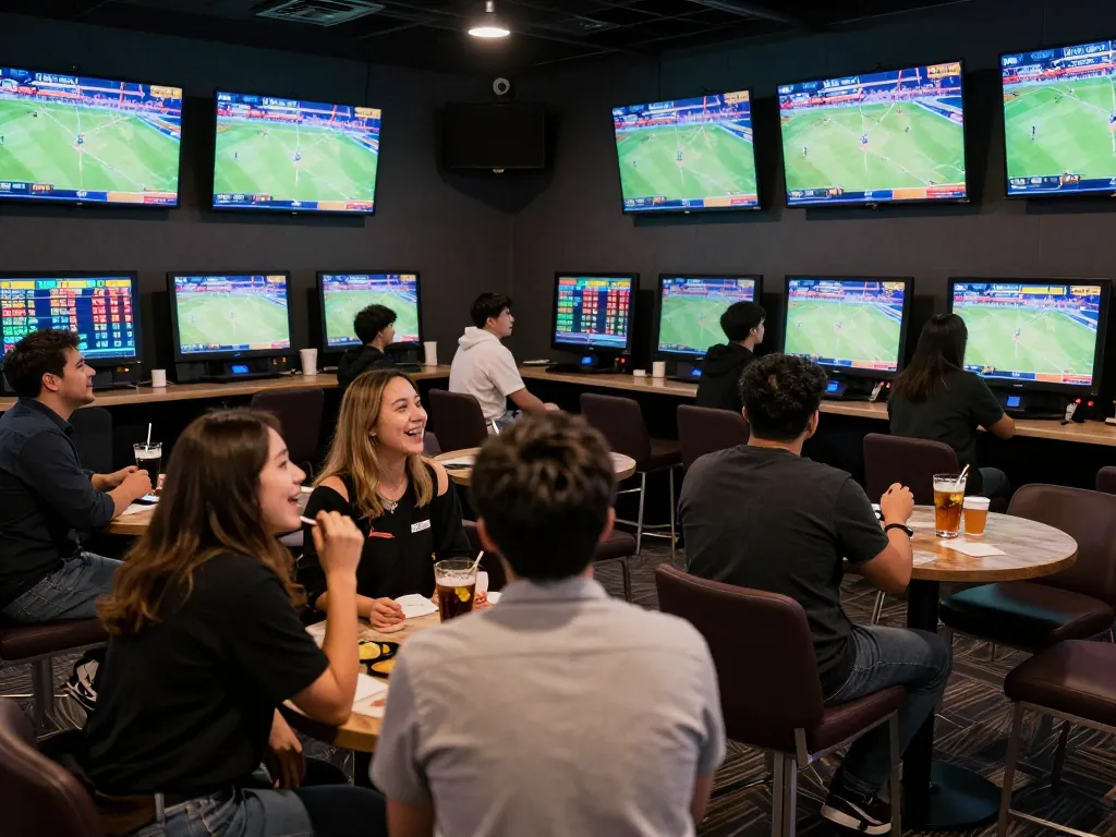 Sports fans placing bets at zx88com sports lounge with multiple live screens.