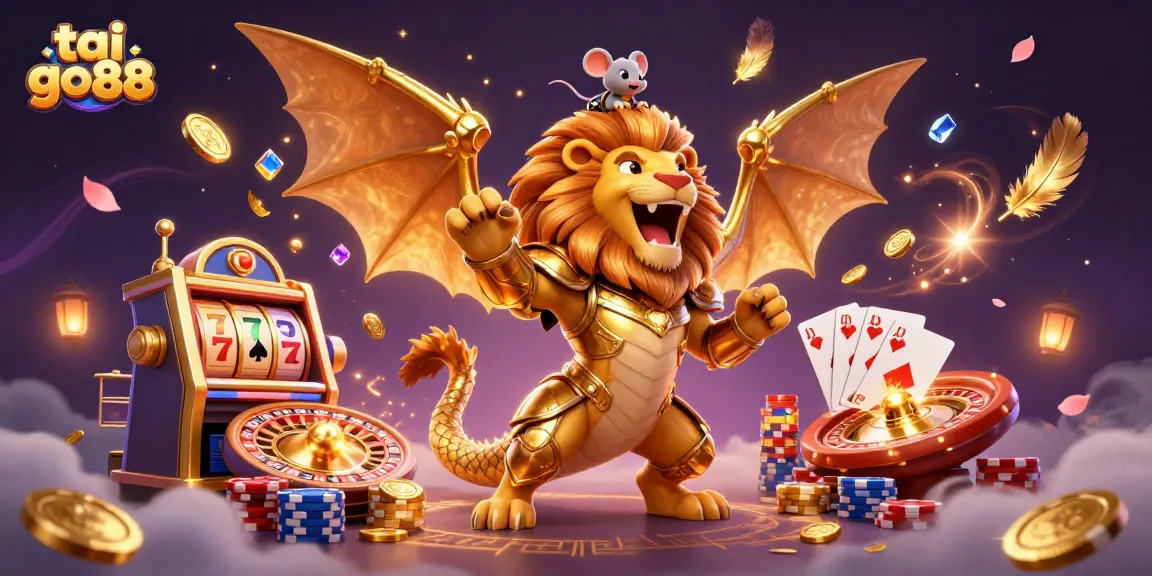 Engage with tai go88 as the chimera triumphs in a vibrant casino scene filled with lucky slot symbols and golden coins.