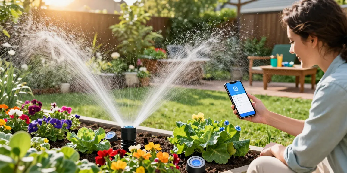 Homeowner using rainpoint smart sprinkler controller app to manage garden irrigation efficiently.