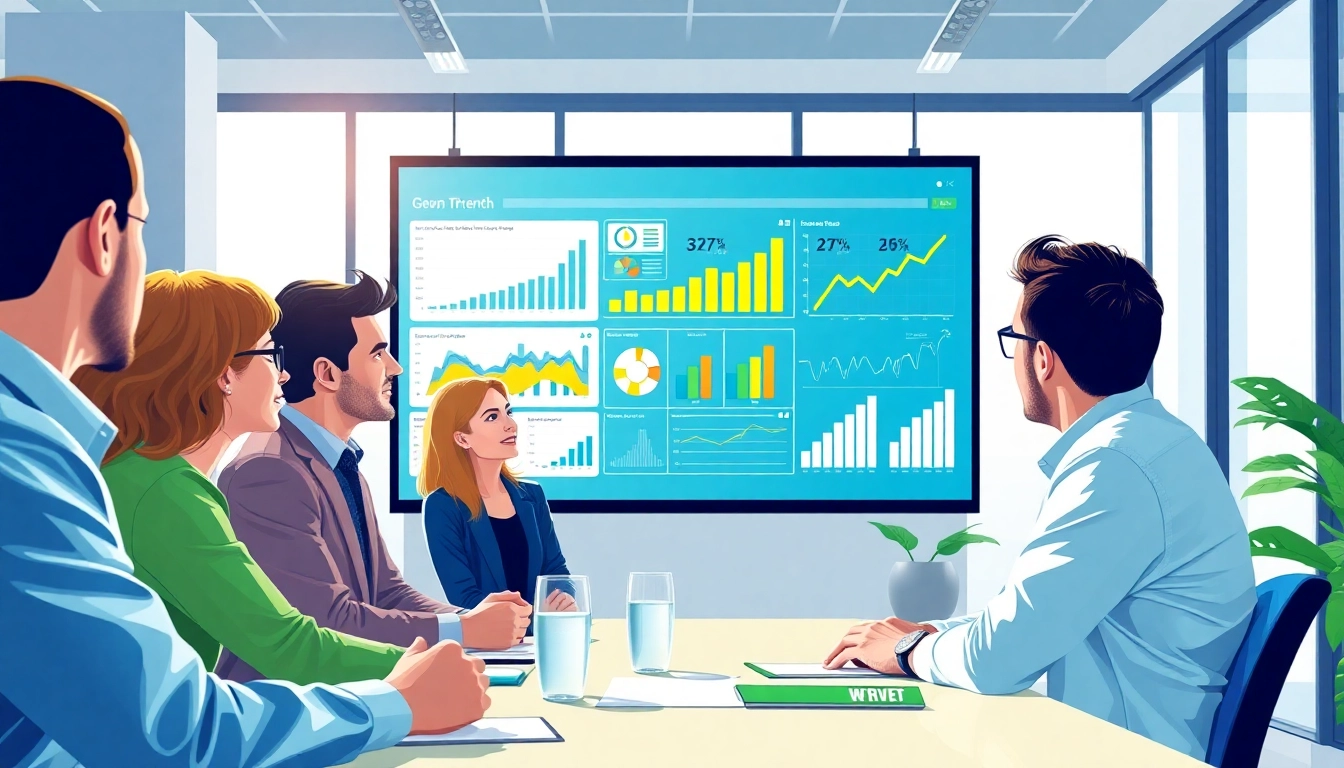 Explore growth strategy trends through a professional team analyzing data in a modern office.