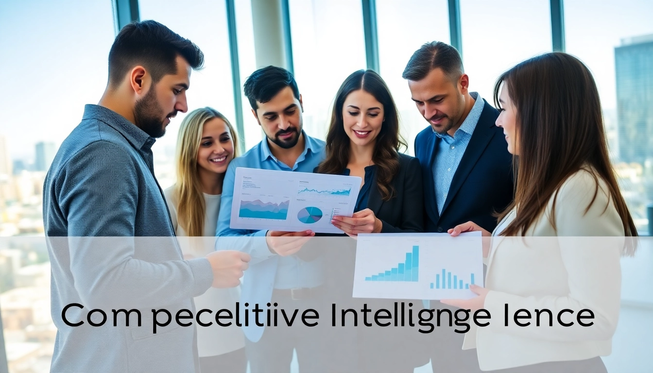 Analyze B2B competitive intelligence insights with a diverse business team in a vibrant office.