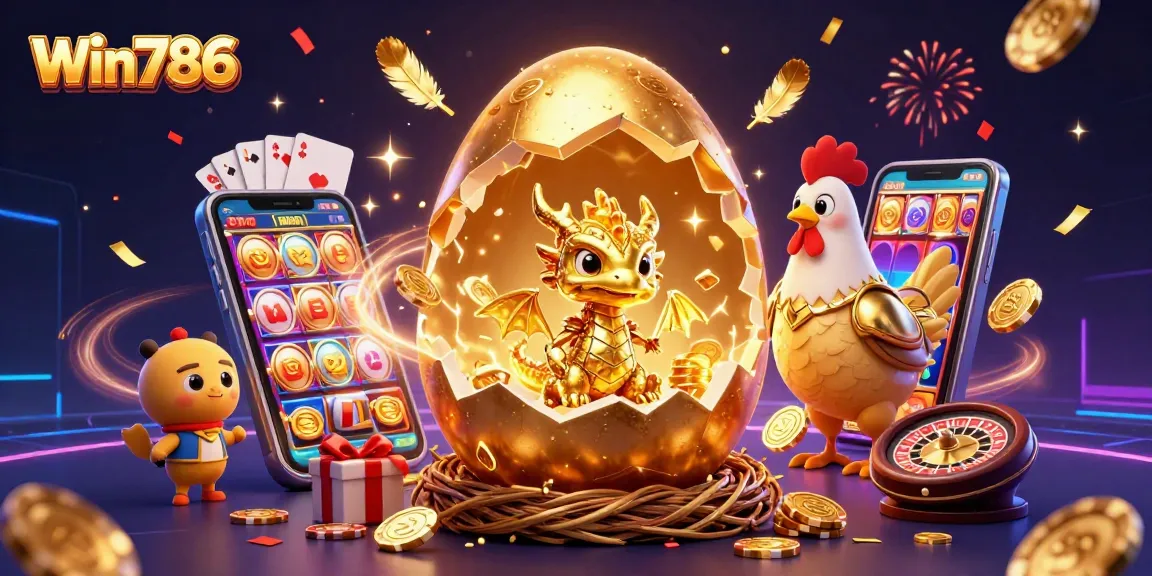Win786 unleashes a golden dragon treasure on colorful slot games amidst vibrant casino excitement.