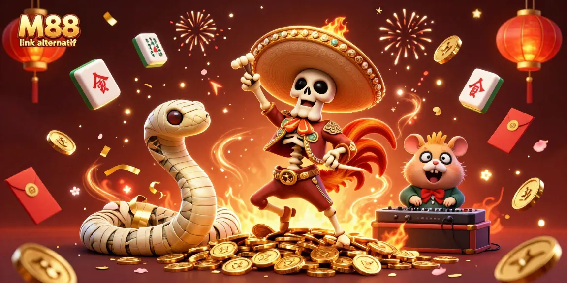 Celebrate with M88 link alternatif and vibrant casino characters in a dynamic gaming scene.