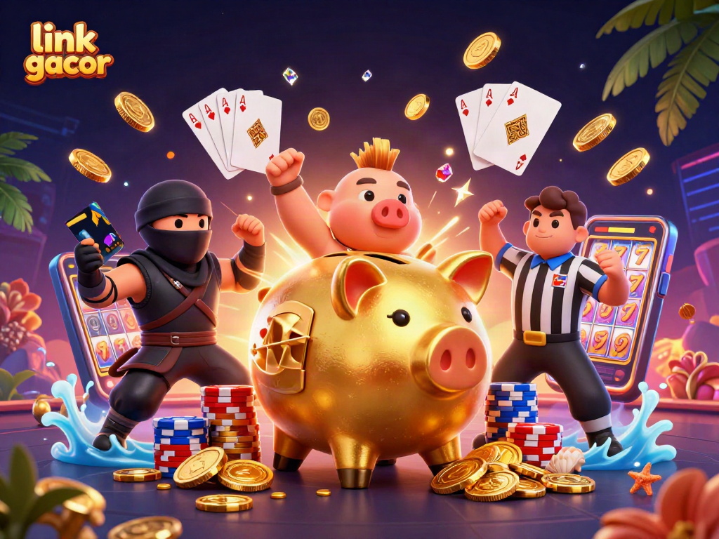 Experience thrilling casino action with link gacor featuring a golden piggy bank sumo wrestler, dynamic visuals, and vibrant gameplay.