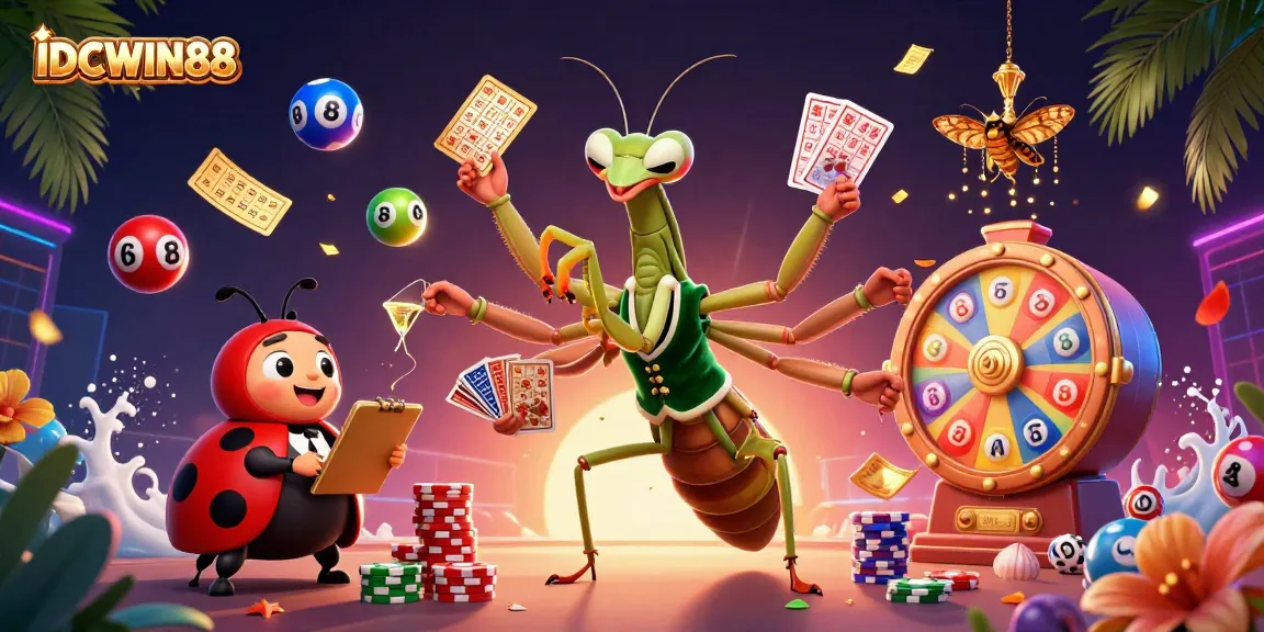 Experience thrilling gaming with IDCWIN88 featuring vivid characters, dynamic lottery elements, and vibrant casino atmosphere.