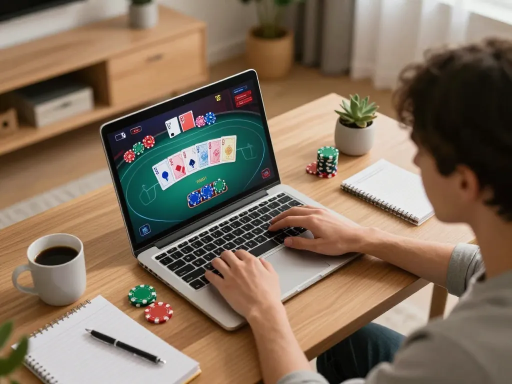 Playing poker at home on the dn88 trang chủ platform with strategic notes visible.