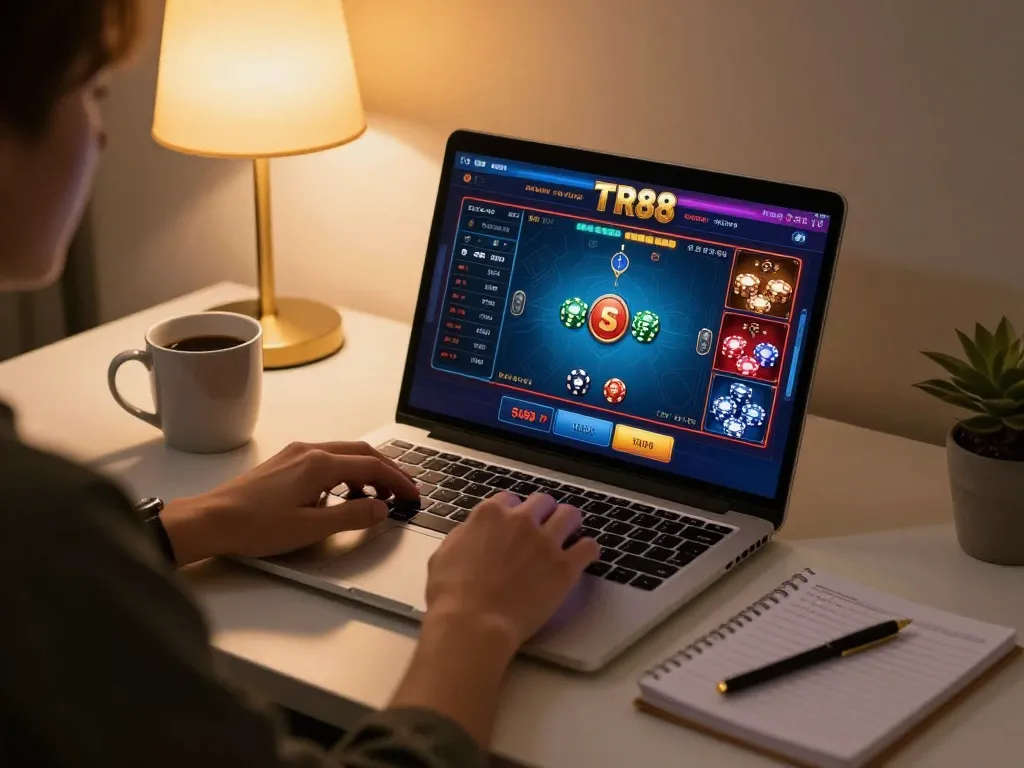 Player engaged in online betting with TR88 casino interface on laptop, showcasing strategy notebook and coffee.
