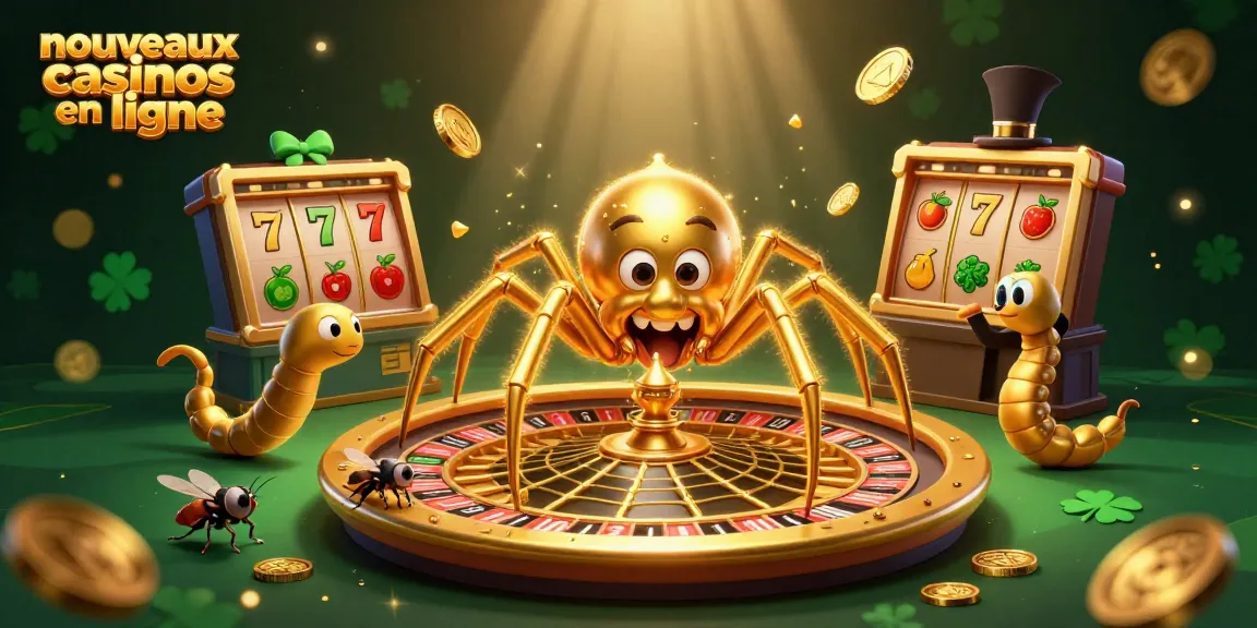 Découvrez les nouveaux casinos en ligne avec cette illustration d'une araignée et d'un croupier en 3D.