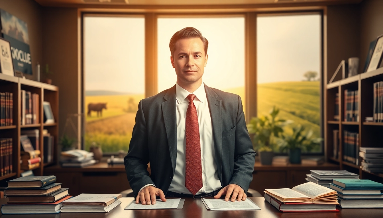 Engaging agriculture lawyer providing expert legal advice in a vibrant office.