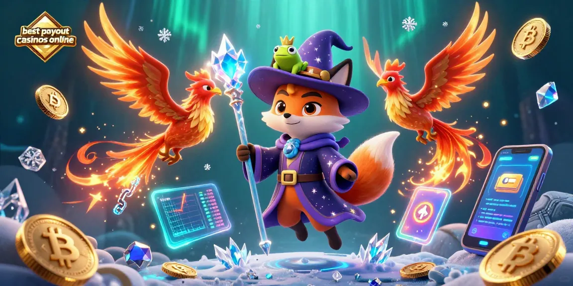 Engage with the best payout casinos online featuring vibrant crypto-themed graphics and dynamic casino elements.