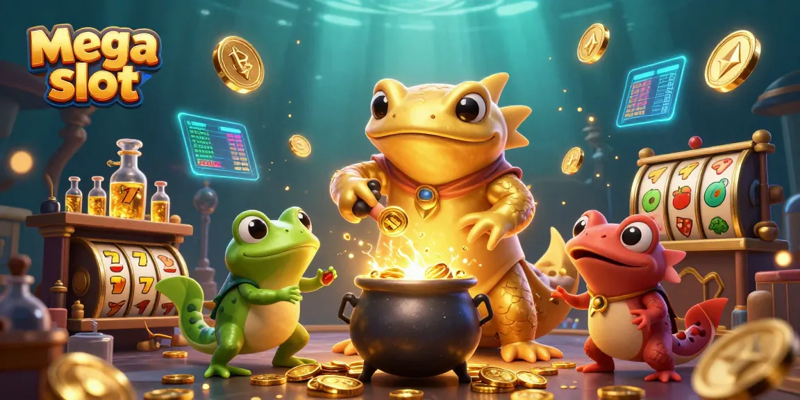 Memainkan mega slot dengan gembira di laboratorium alkimia yang dipenuhi simbol keberuntungan dan koin mengkilap.