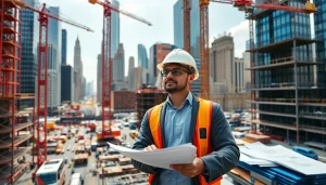 New York City Construction Manager supervising a busy construction site with cranes and urban skyline.