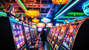 Mainkan slot online dengan mesin slot berwarna-warni dan cahaya terang di kasino.