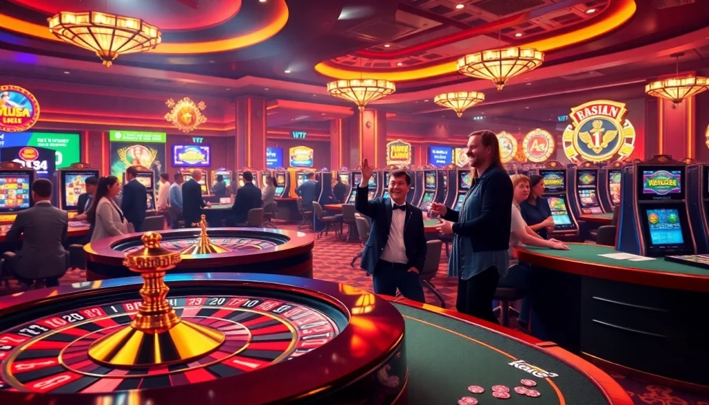 A bustling casino featuring KJC AC 2 with players at roulette, poker, and slot machines.