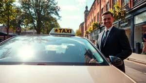 Catch a ride in a West bridgford Taxi, showcasing a professional driver and vibrant urban scenery.
