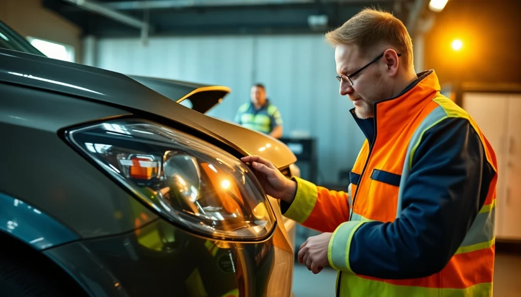 Kfz Sachverständiger Düren begutachtet ein Unfallfahrzeug in professioneller Umgebung.