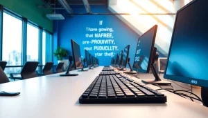 Showcase of a modern typing center with sleek workstations and inspiring decor.