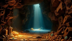 Discover the treasures of King Solomon's Mine, featuring glittering artifacts and a mysterious cavern atmosphere.