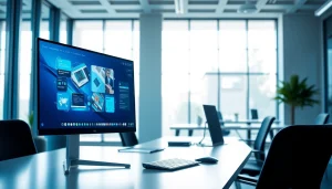 Experience the benefits of a virtual desktop with a modern computer setup in a bright office setting.