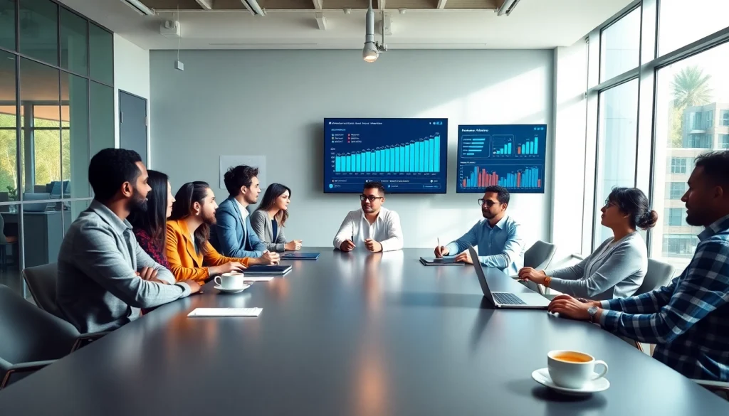 Engaged marketing team discusses strategies for Good Wolf Marketing in a vibrant office environment.