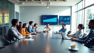 Engaged marketing team discusses strategies for Good Wolf Marketing in a vibrant office environment.