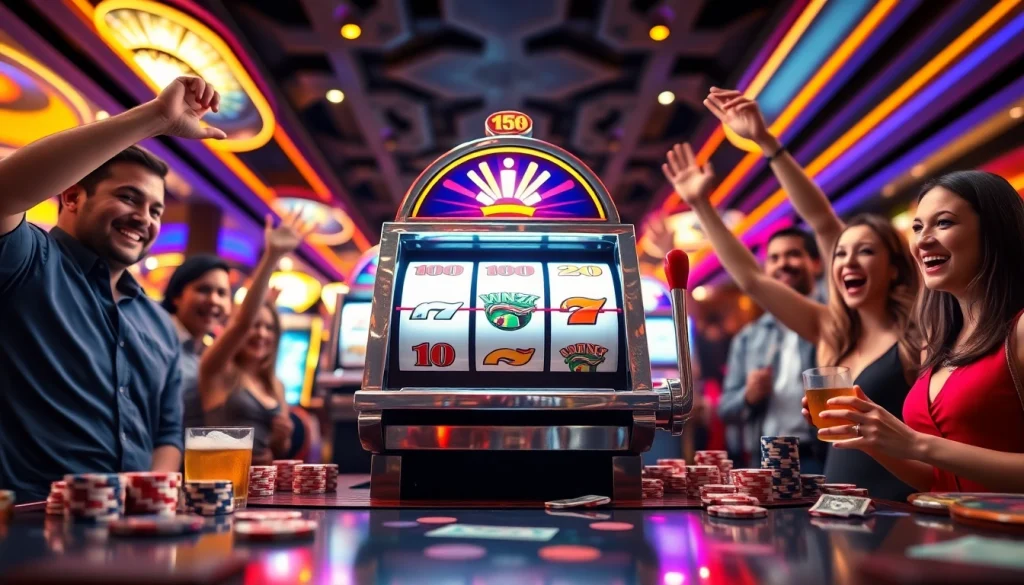 Menang besar di slot gacor dengan suasana kasino yang meriah dan pemain yang bersuka cita.