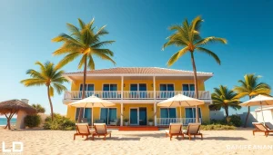 Relax and enjoy the stunning coastal cabana with palm trees and balconies overlooking the beach.
