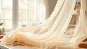 Mousseline stof met delicate textuur en creatief naaigereedschap op een tafel