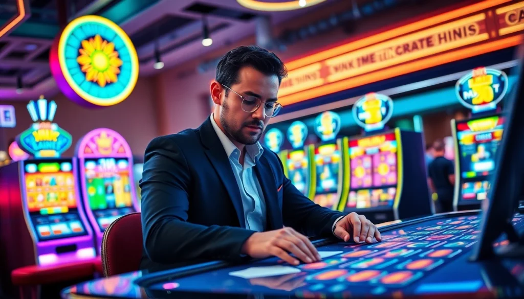 Menggambarkan aksi dari komengtoto gacor di meja permainan modern dengan lampu neon.