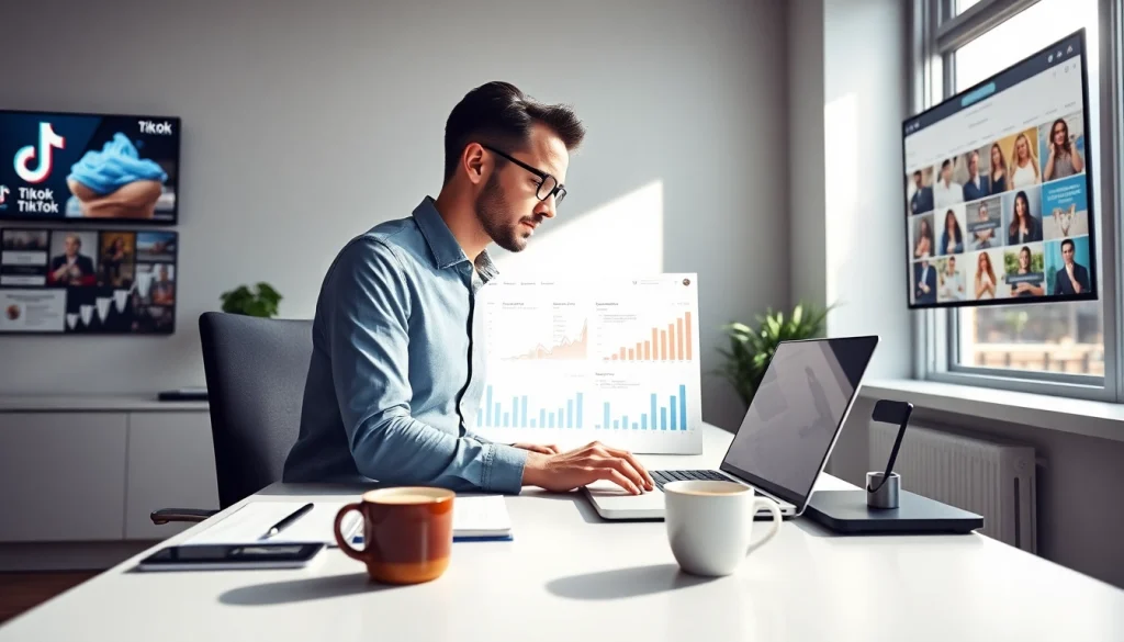 Analyze TikTok SMM panel strategies with a marketer at a desk full of insights.